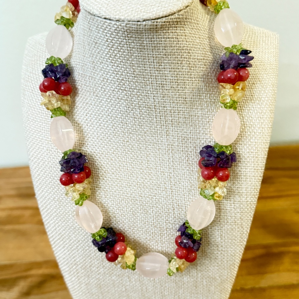 Fruit Salad Choker Necklace Rose & Crackle Quartz, Amethyst, Peridot, Citrine - Picture 3 of 4